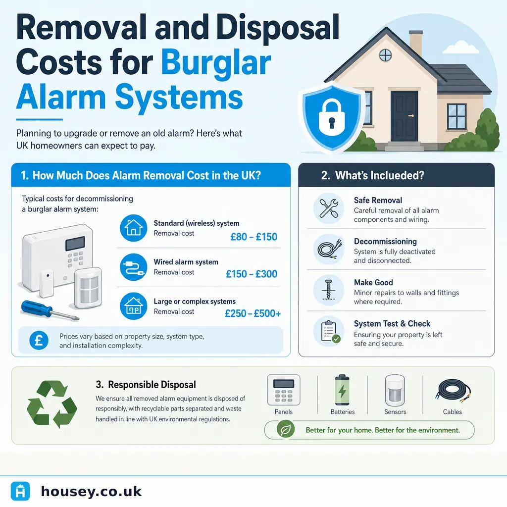 Infographic illustrating: Removal and Disposal Costs for Burglar Alarm Systems