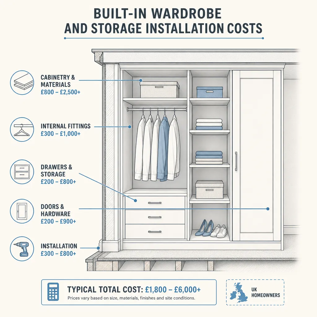 Diagram illustrating: Built-In Wardrobe and Storage Installation Costs