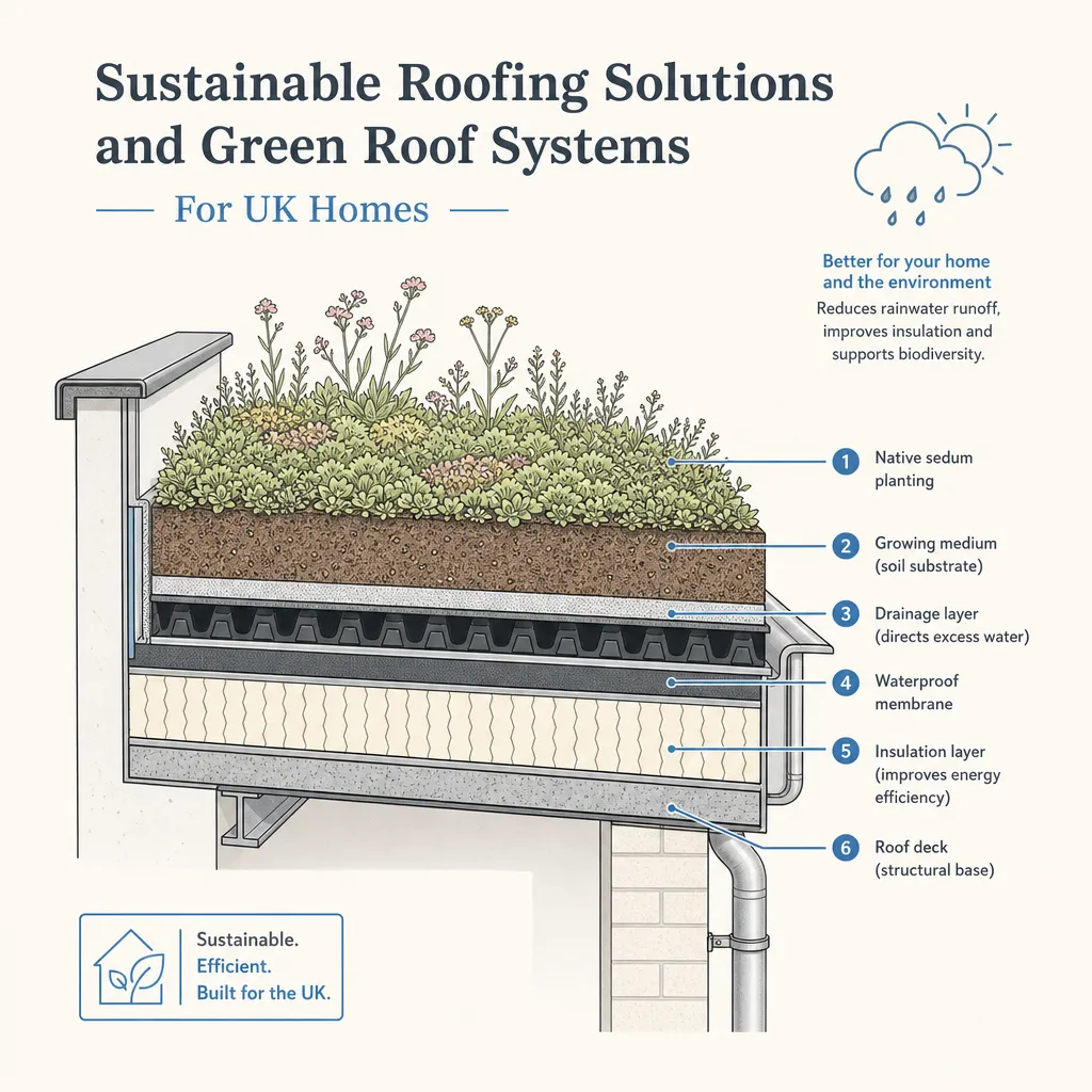 Diagram illustrating: Sustainable Roofing Solutions and Green Roof Systems