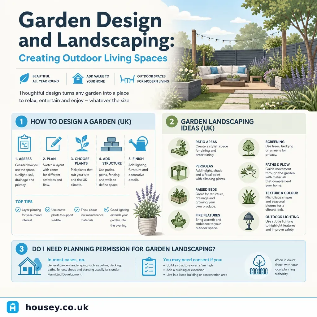 Infographic illustrating: Garden Design and Landscaping: Creating Outdoor Living Spaces