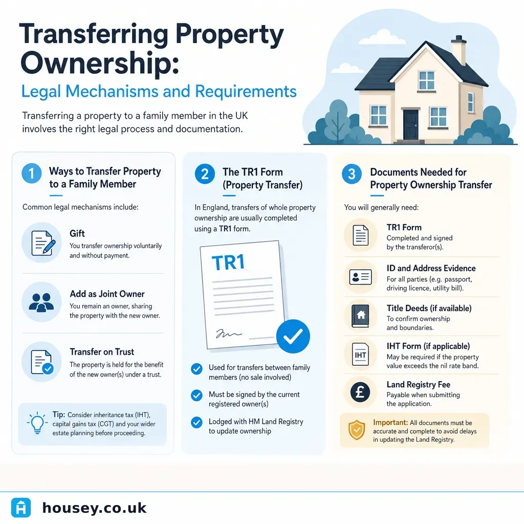 Infographic illustrating: Transferring Property Ownership: Legal Mechanisms and Requirements