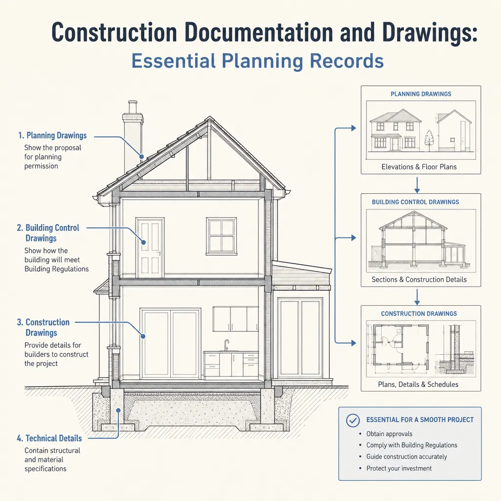 Diagram illustrating: Construction Documentation and Drawings: Essential Planning Records