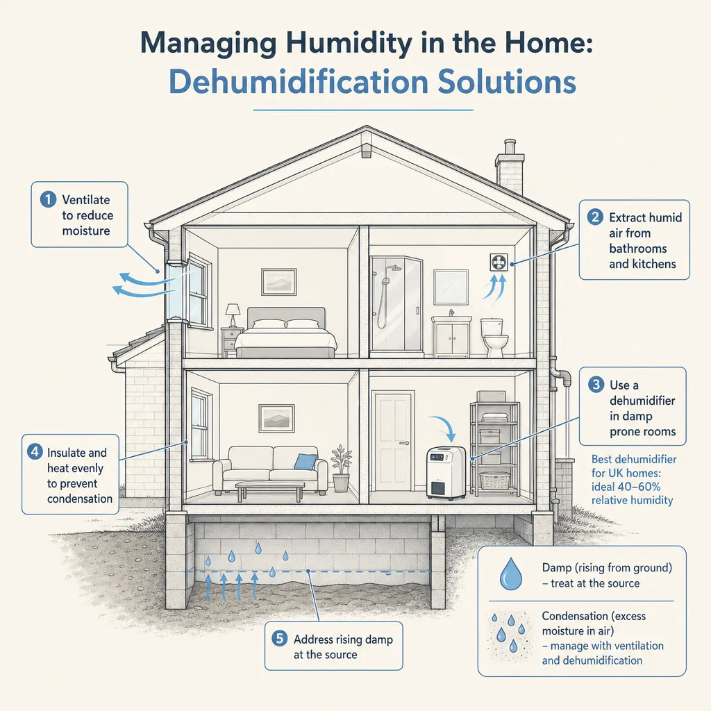 Diagram illustrating: Managing Humidity in the Home: Dehumidification Solutions