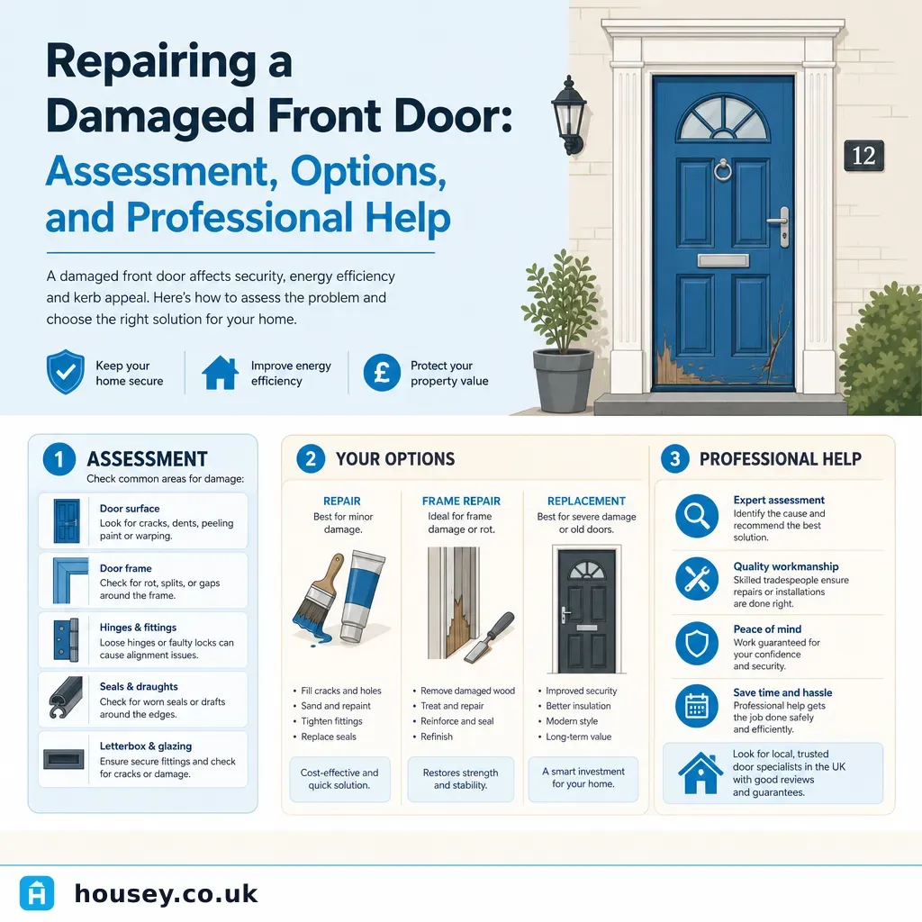 Infographic illustrating: Repairing a Damaged Front Door: Assessment, Options, and Professional Help
