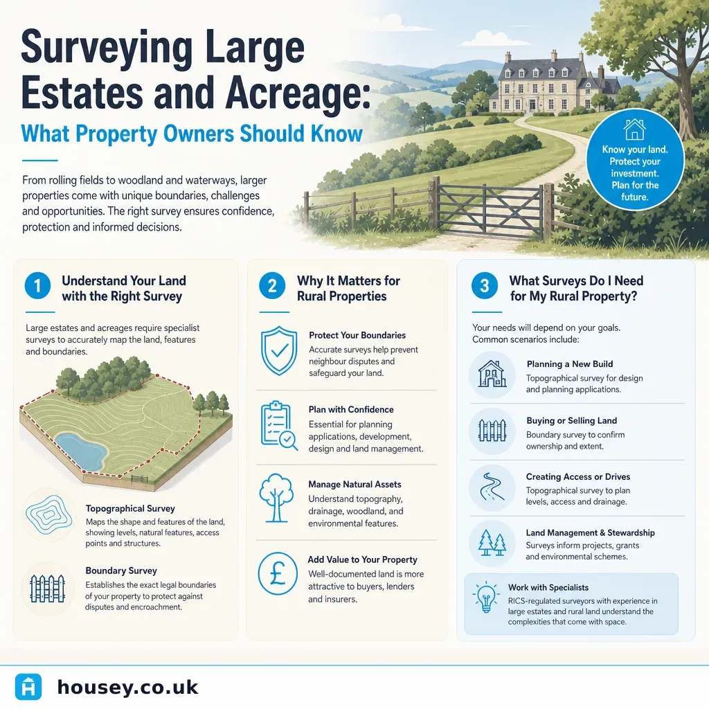 Infographic illustrating: Surveying Large Estates and Acreage: What Property Owners Should Know