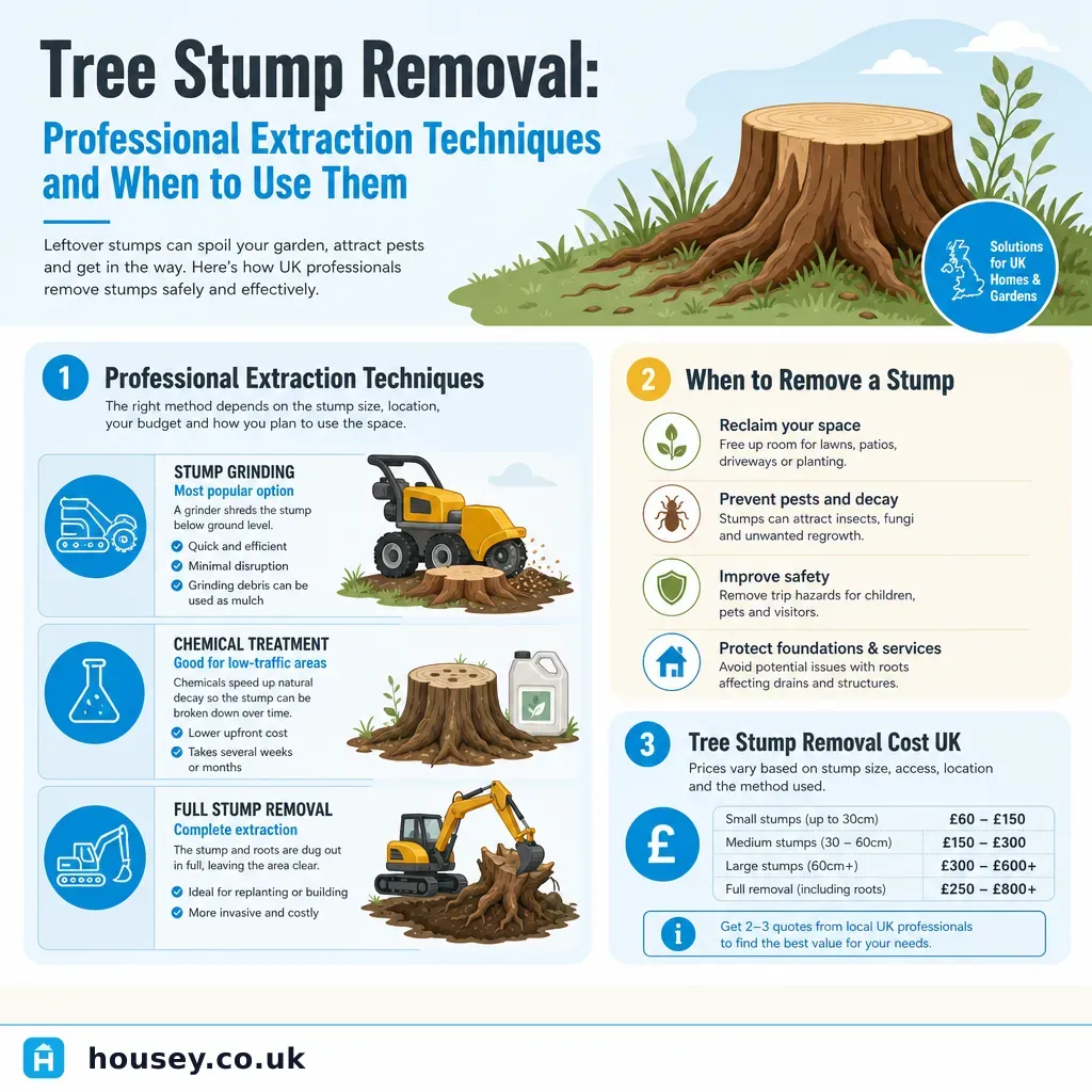 Infographic illustrating: Tree Stump Removal: Professional Extraction Techniques and When to Use Them