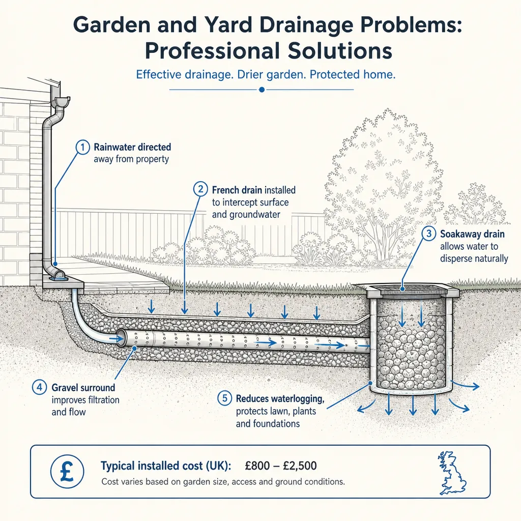 Diagram illustrating: Garden and Yard Drainage Problems: Professional Solutions