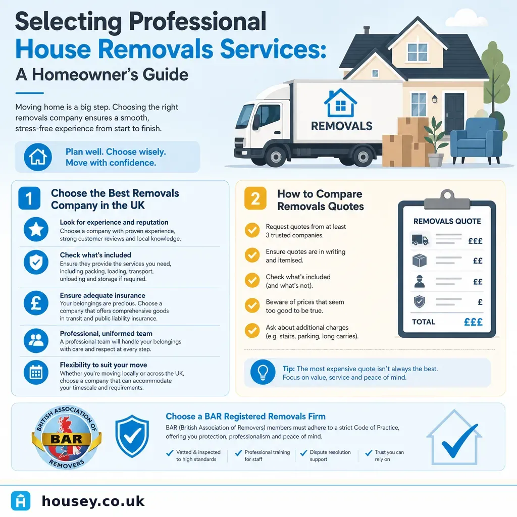 Infographic illustrating: Selecting Professional House Removals Services: A Homeowner's Guide