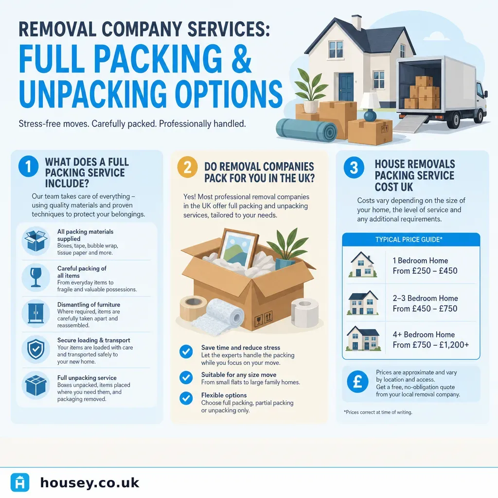 Infographic illustrating: Removal Company Services: Full Packing and Unpacking Options