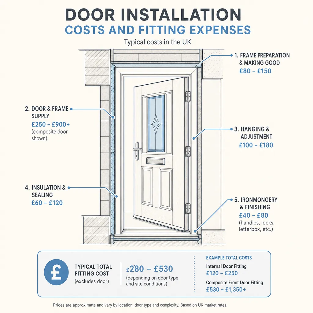 Diagram illustrating: Door Installation Costs and Fitting Expenses