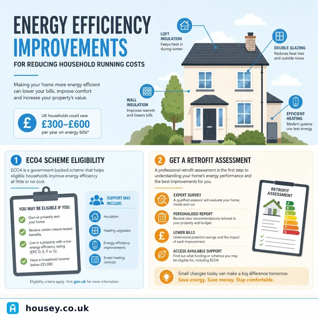 Infographic illustrating: Energy Efficiency Improvements for Reducing Household Running Costs
