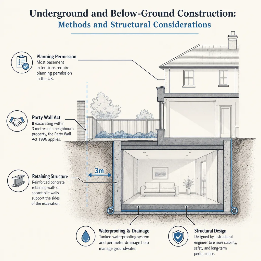 Diagram illustrating: Underground and Below-Ground Construction: Methods and Structural Considerations