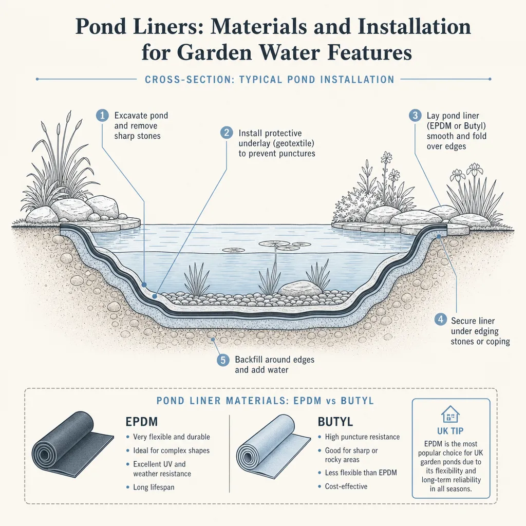 Diagram illustrating: Pond Liners: Materials and Installation for Garden Water Features