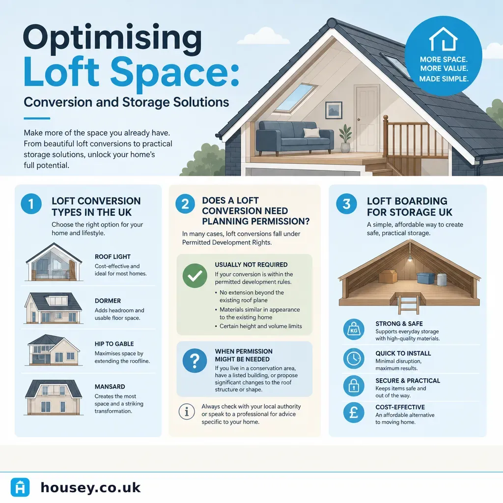 Infographic illustrating: Optimising Loft Space: Conversion and Storage Solutions