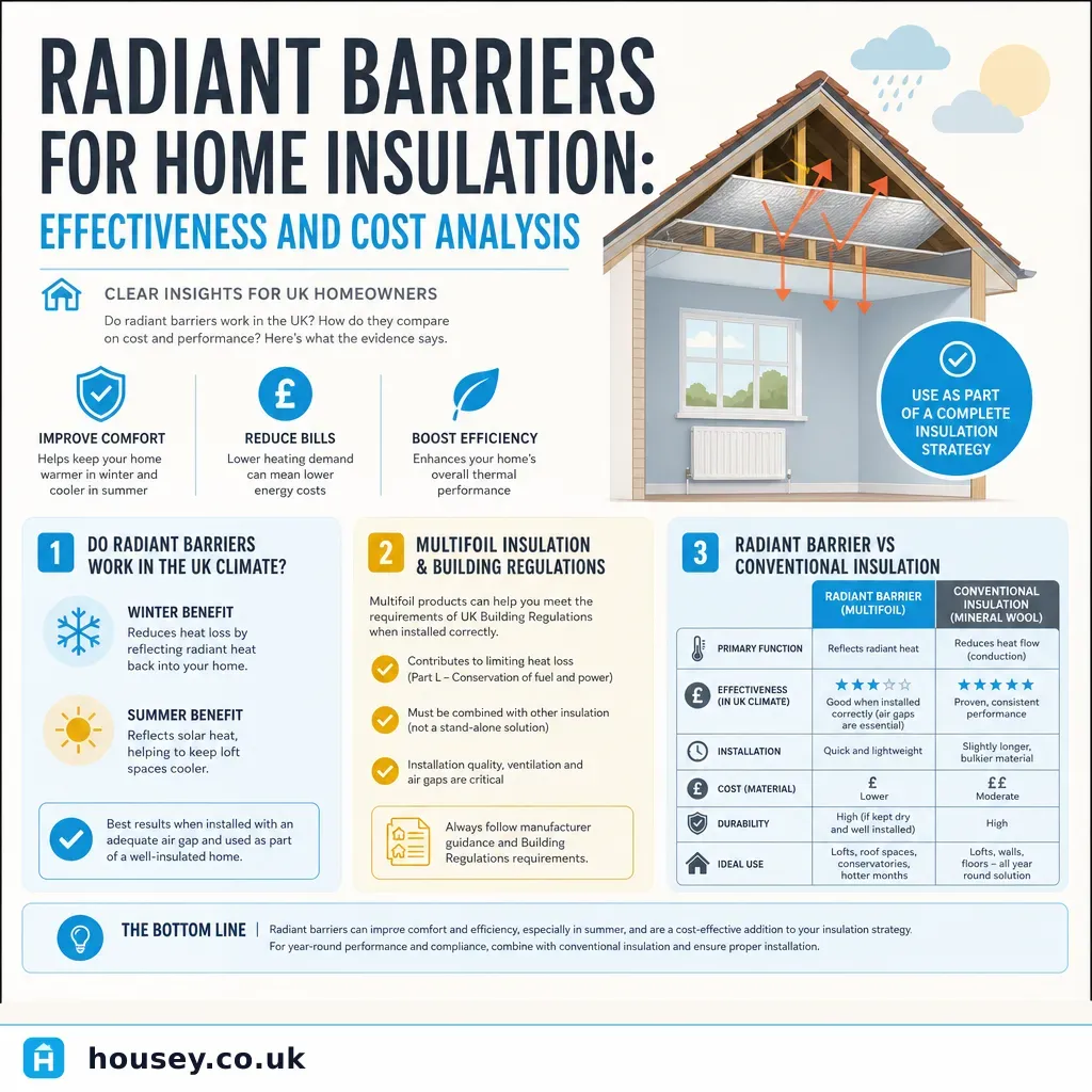 Infographic illustrating: Radiant Barriers for Home Insulation: Effectiveness and Cost Analysis