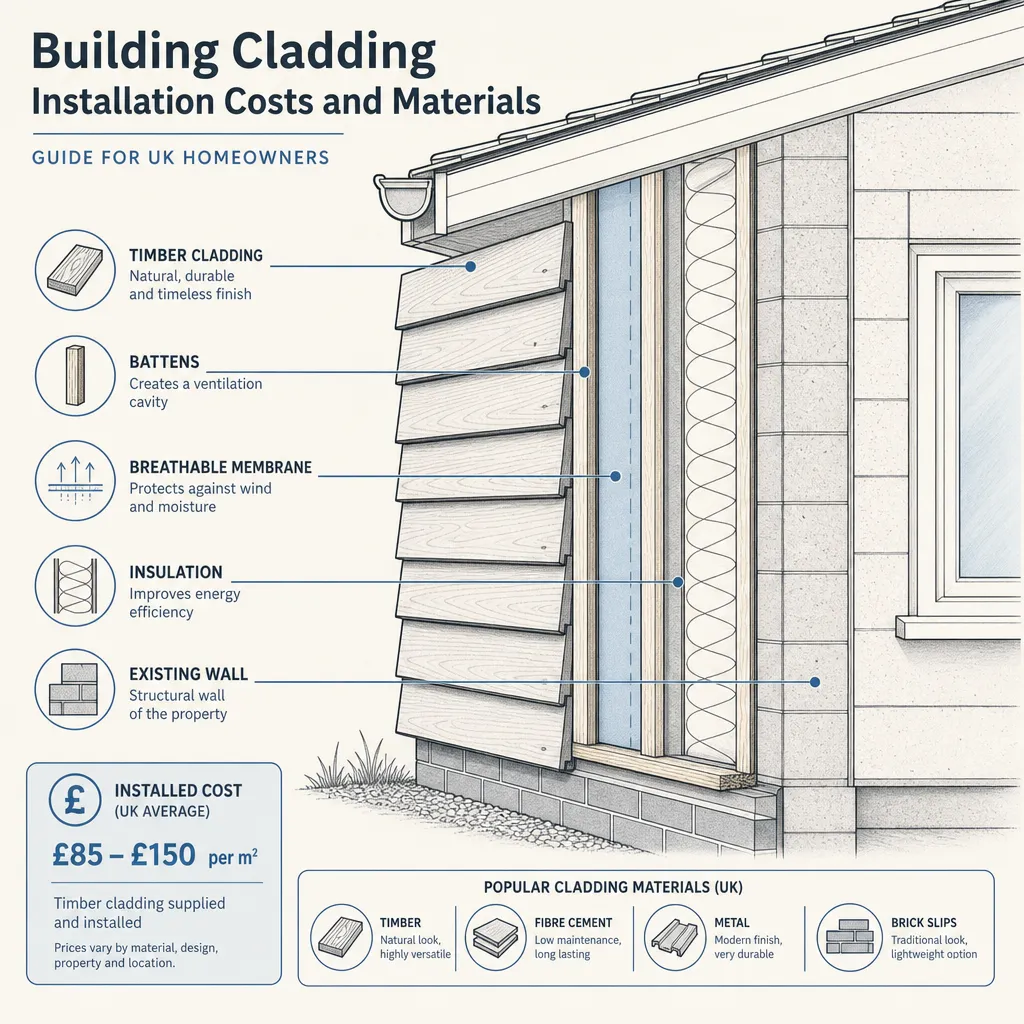 Diagram illustrating: Building Cladding Installation Costs and Materials