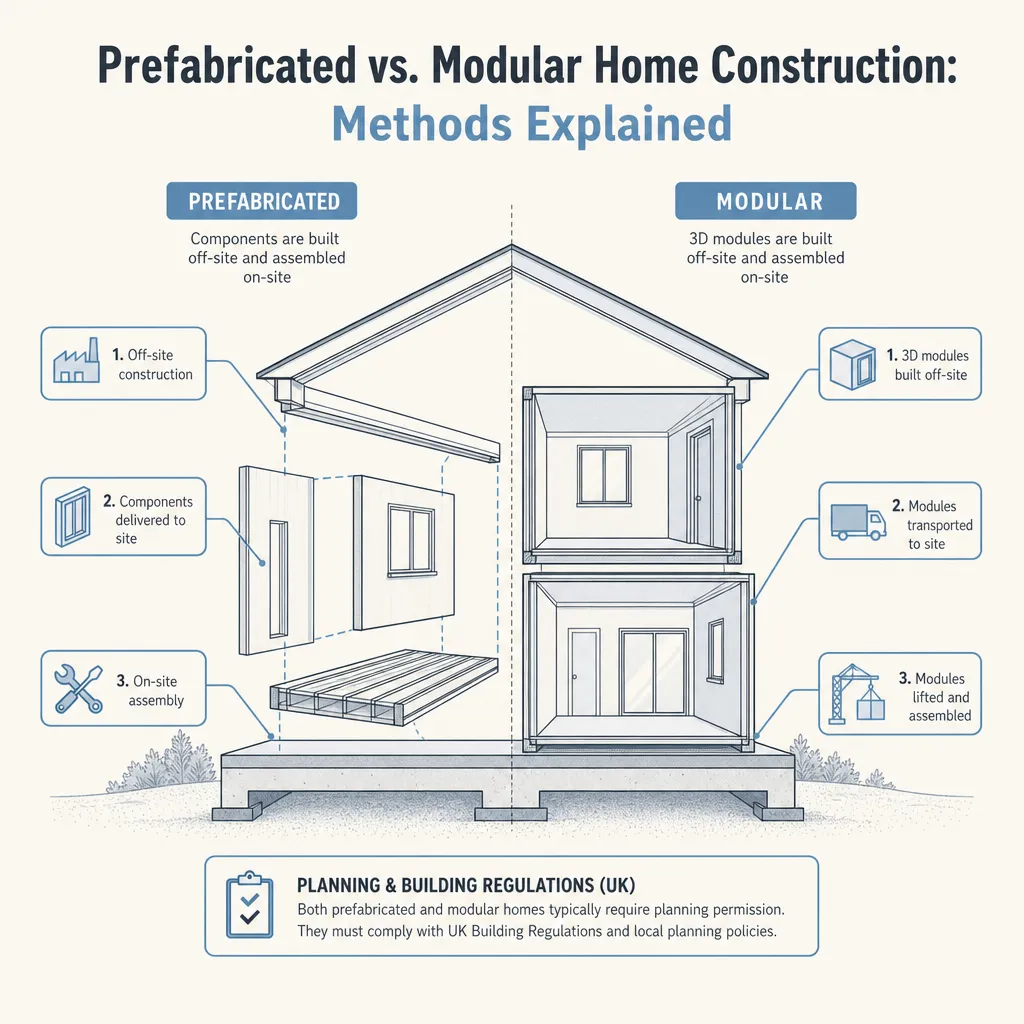 Diagram illustrating: Prefabricated vs. Modular Home Construction: Methods Explained