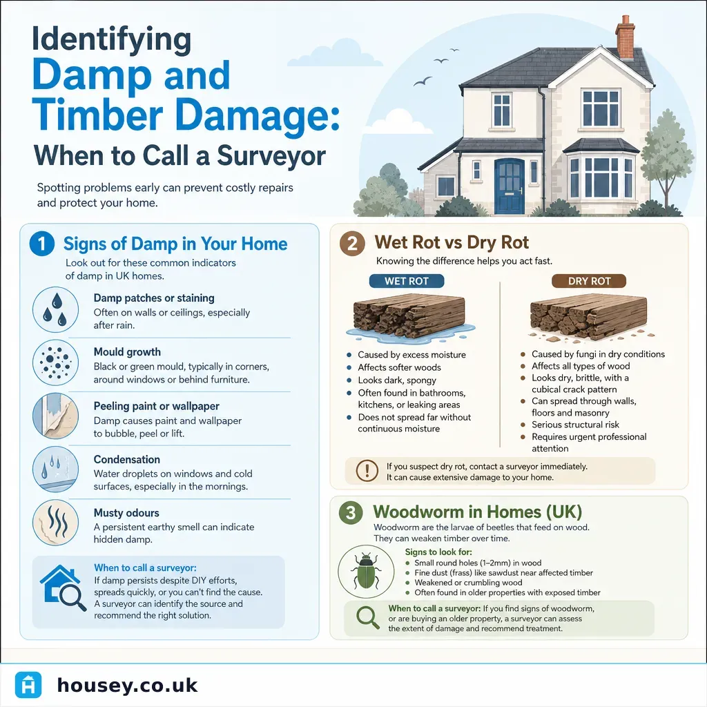 Infographic illustrating: Identifying Damp and Timber Damage: When to Call a Surveyor