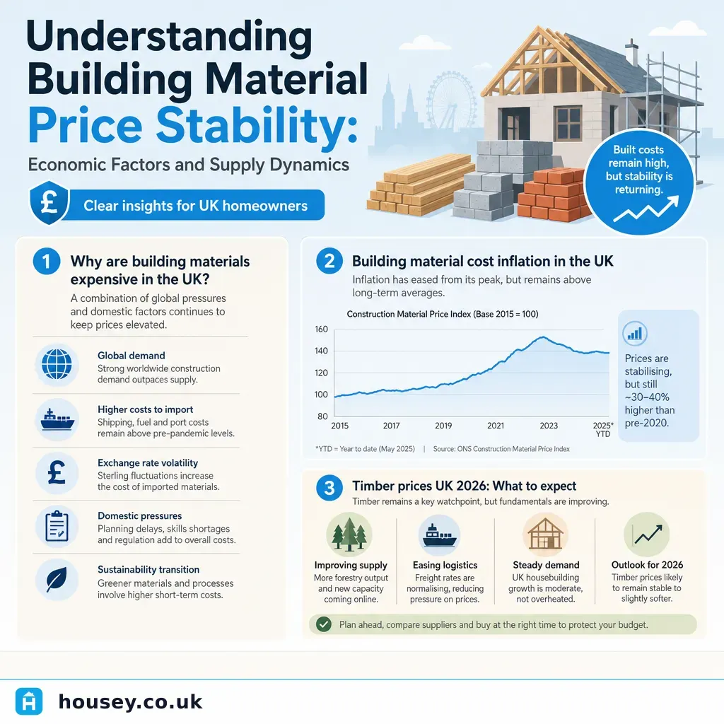 Infographic illustrating: Understanding Building Material Price Stability: Economic Factors and Supply Dynamics