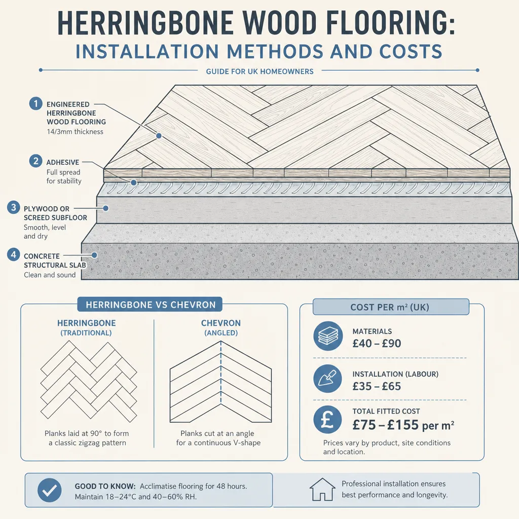Diagram illustrating: Herringbone Wood Flooring: Installation Methods and Costs