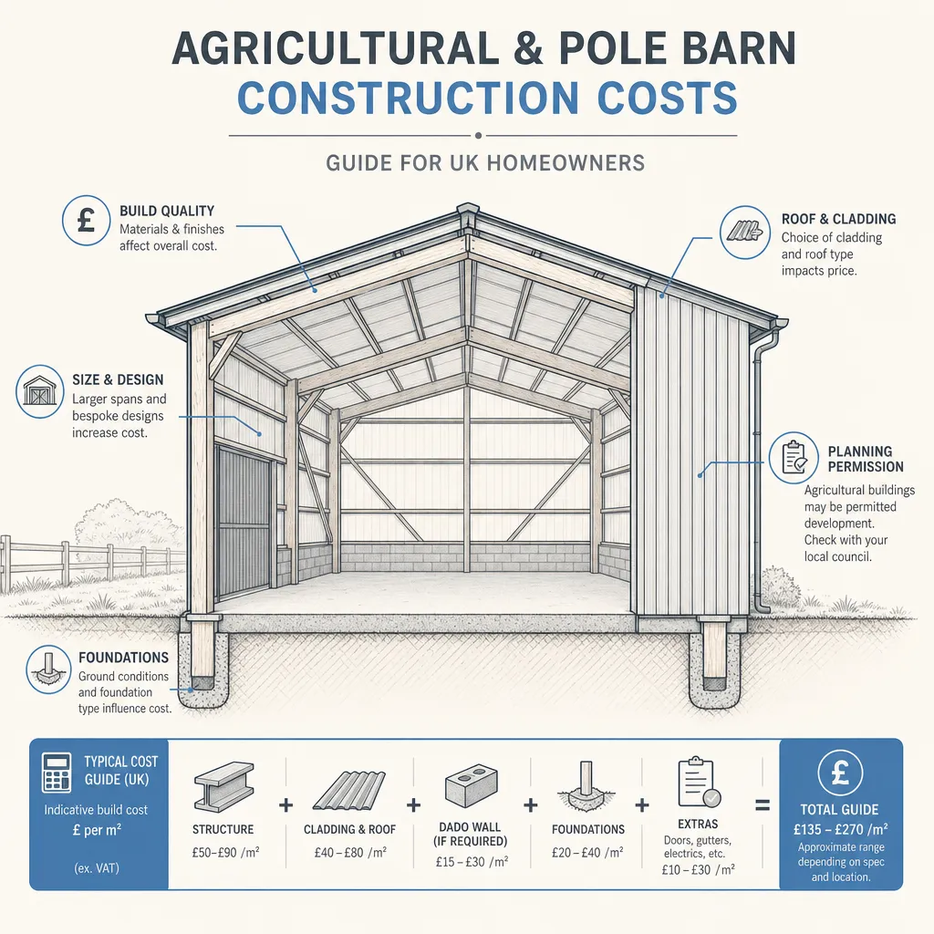 Diagram illustrating: Agricultural and Pole Barn Construction Costs