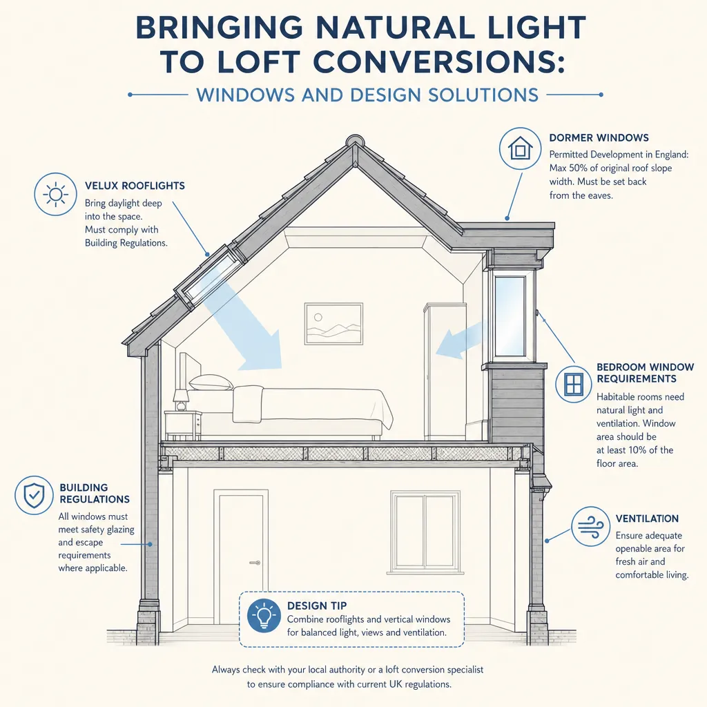 Diagram illustrating: Bringing Natural Light to Loft Conversions: Windows and Design Solutions