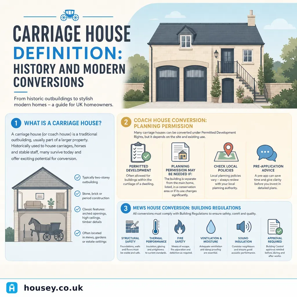 Infographic illustrating: Carriage House Definition: History and Modern Conversions