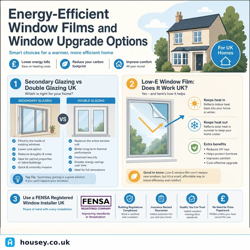 Infographic illustrating: Energy-Efficient Window Films and Window Upgrade Options for Your Property