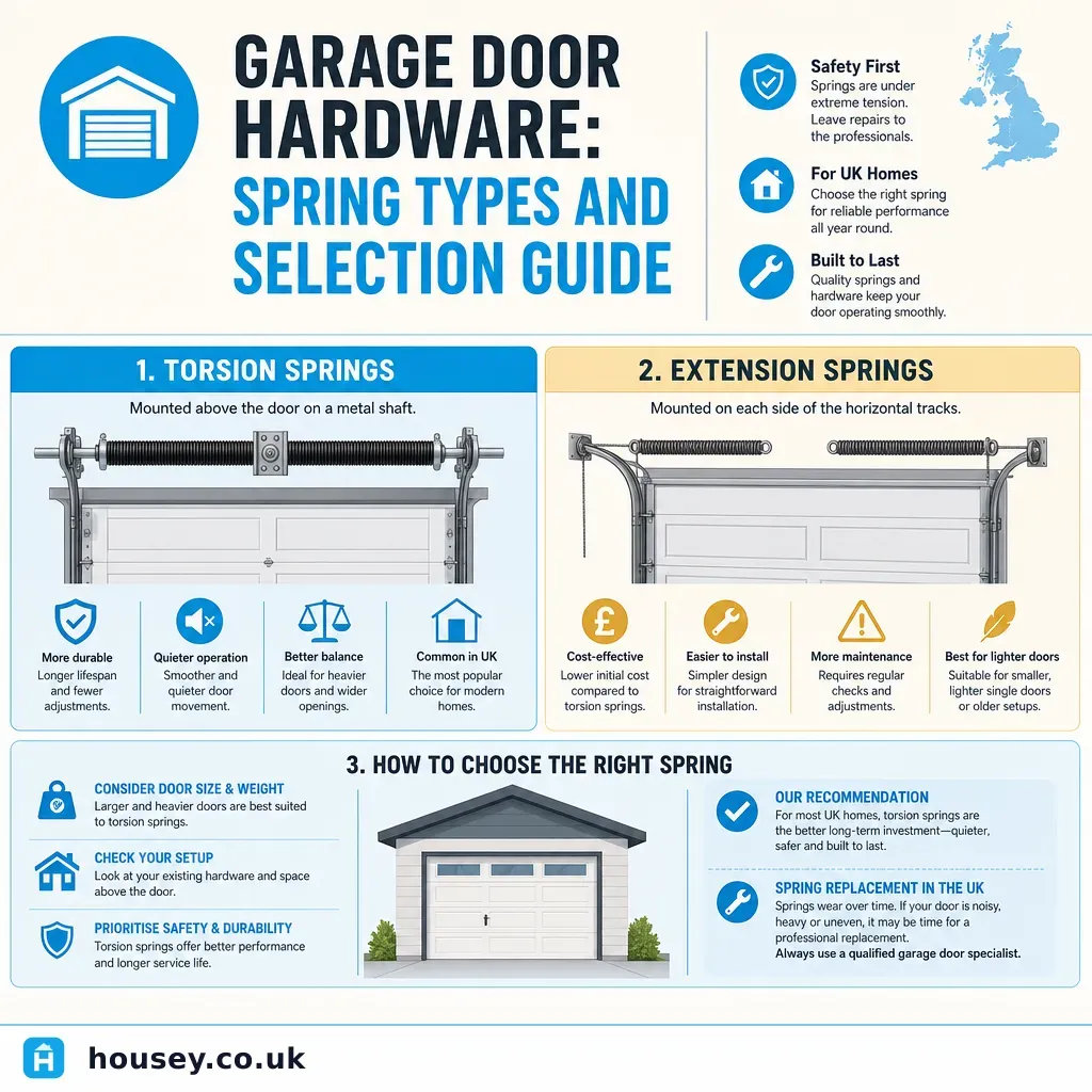 Infographic illustrating: Garage Door Hardware: Spring Types and Selection Guide