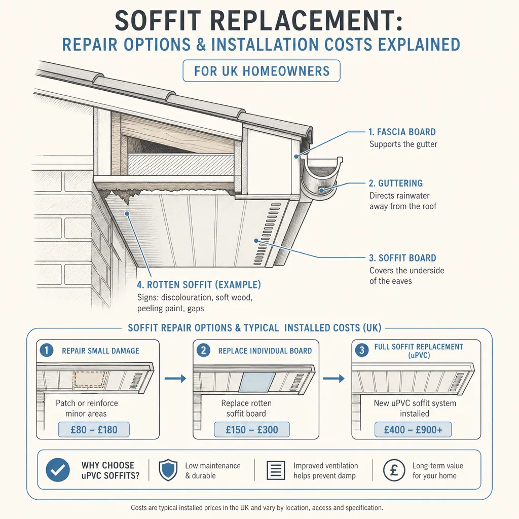 Diagram illustrating: Soffit replacement: repair options and installation costs explained