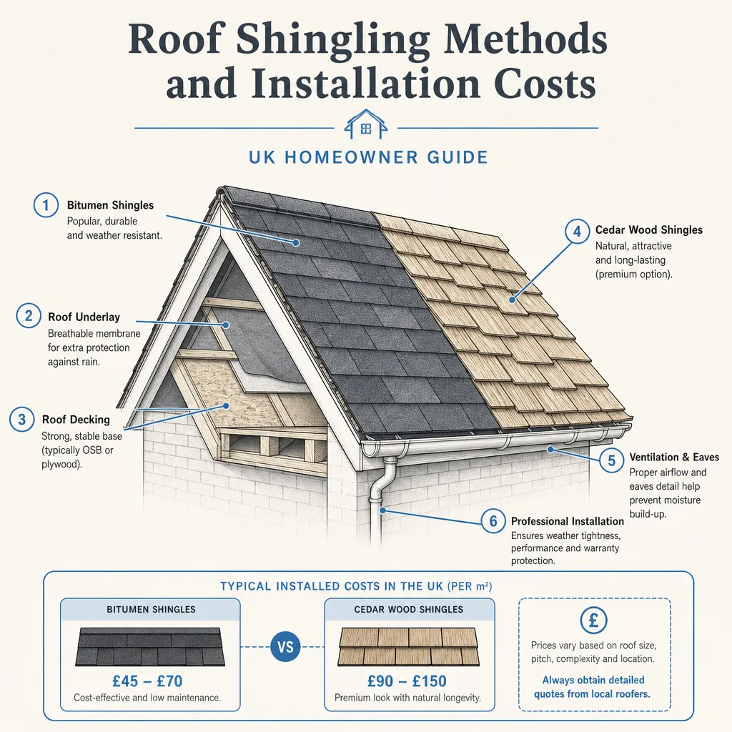 Diagram illustrating: Roof Shingling Methods and Installation Costs
