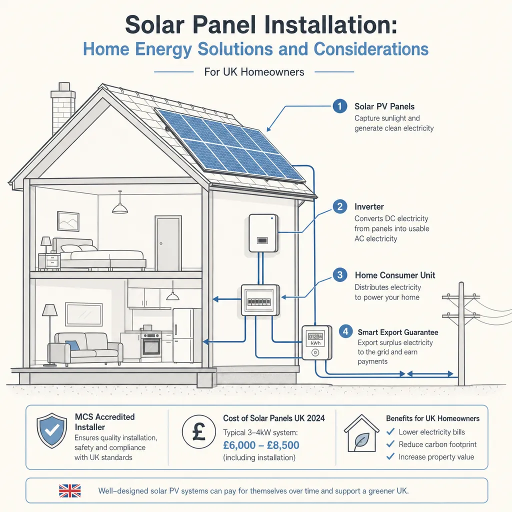 Diagram illustrating: Solar Panel Installation: Home Energy Solutions and Considerations