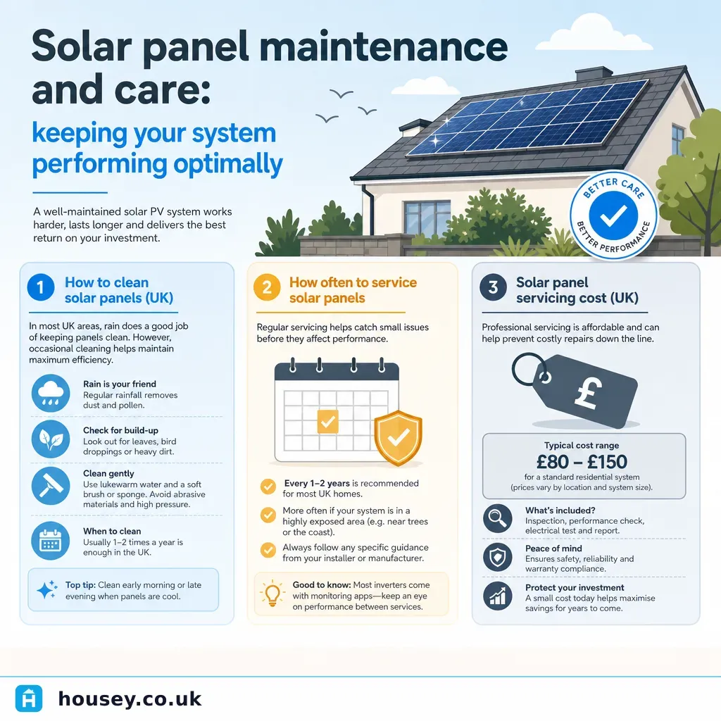 Infographic illustrating: Solar panel maintenance and care: keeping your system performing optimally