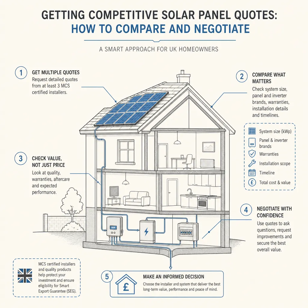 Diagram illustrating: Getting competitive solar panel quotes: how to compare and negotiate