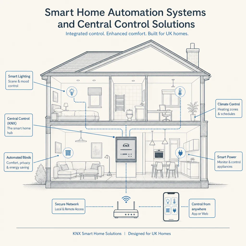 Diagram illustrating: Smart Home Automation Systems and Central Control Solutions