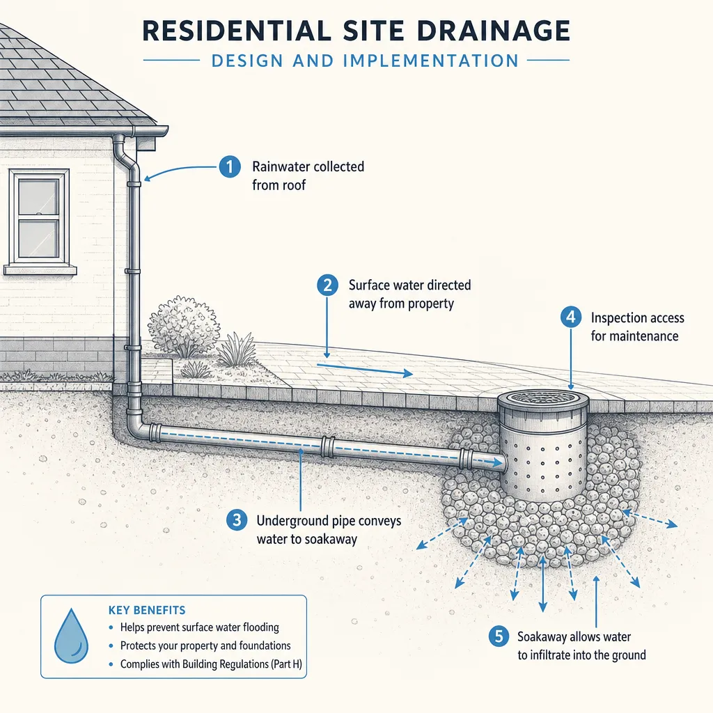 Diagram illustrating: Residential Site Drainage Design and Implementation