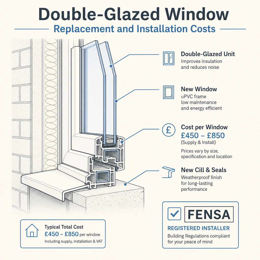 Diagram illustrating: Double-Glazed Window Replacement and Installation Costs