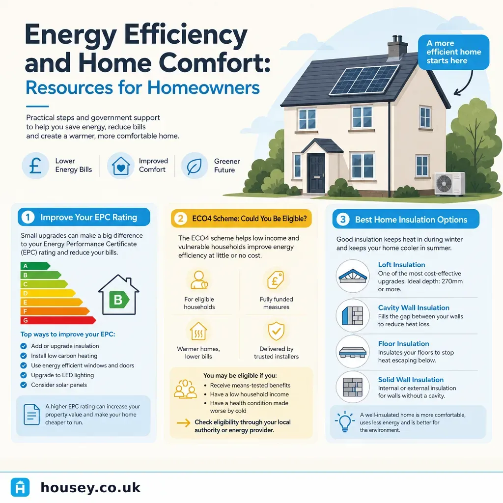 Infographic illustrating: Energy Efficiency and Home Comfort: Resources for Homeowners