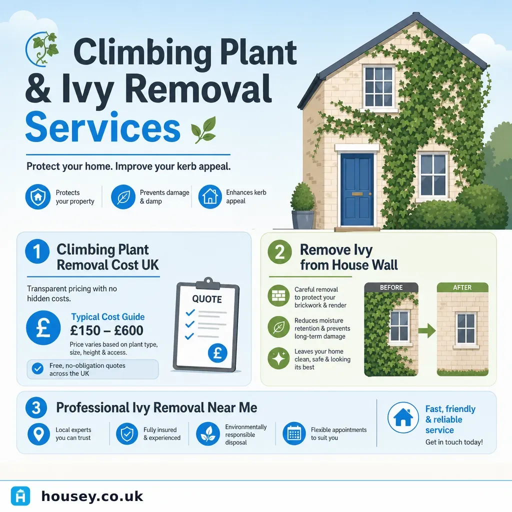 Infographic illustrating: Climbing Plant and Ivy Removal Services