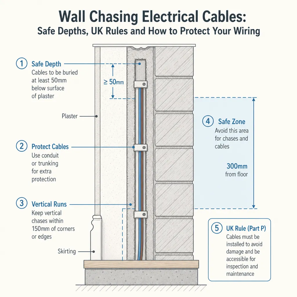 Diagram illustrating: Wall Chasing Electrical Cables: Safe Depths, UK Rules and How to Protect Your Wiring
