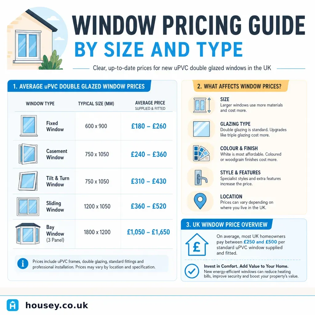 Infographic illustrating: Window Pricing Guide by Size and Type