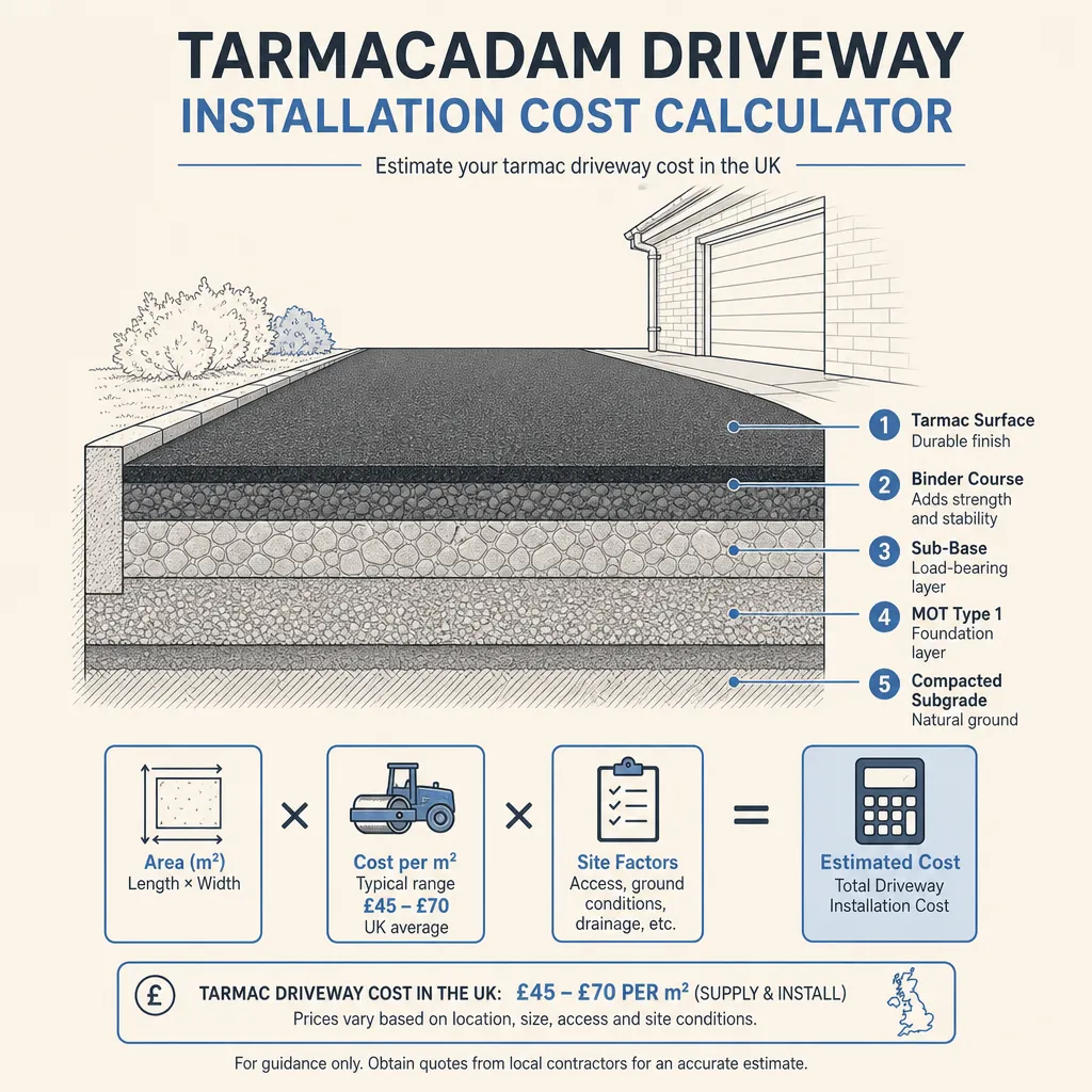 Diagram illustrating: Tarmacadam Driveway Installation Cost Calculator