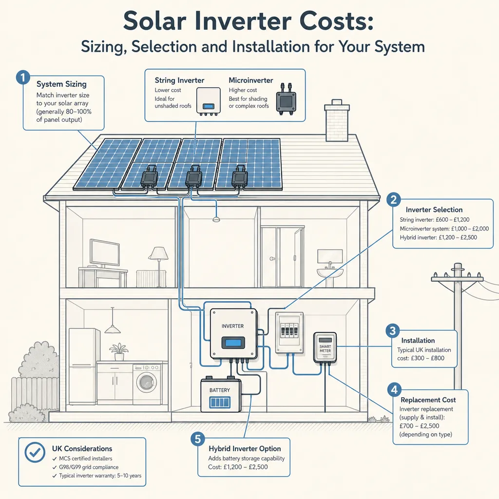 Diagram illustrating: Solar Inverter Costs: Sizing, Selection and Installation for Your System