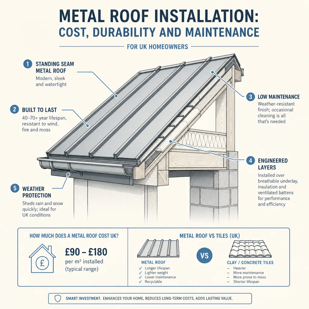 Diagram illustrating: Metal Roof Installation: Cost, Durability and Maintenance