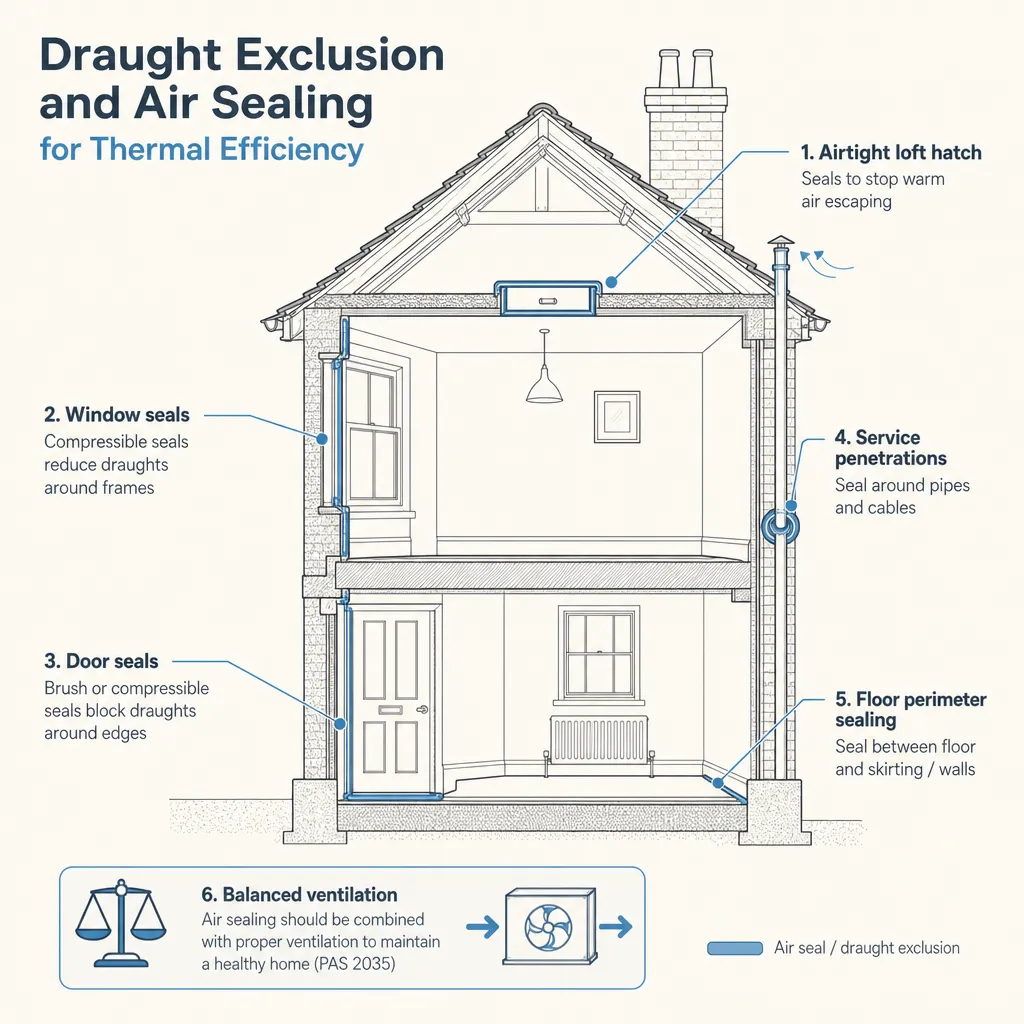 Diagram illustrating: Draught Exclusion and Air Sealing for Thermal Efficiency