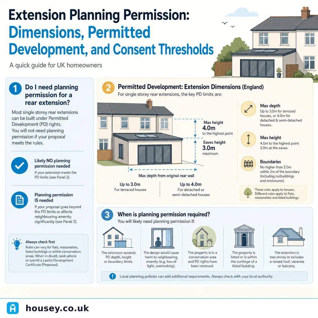 Infographic illustrating: Extension Planning Permission: Dimensions, Permitted Development, and Consent Thresholds