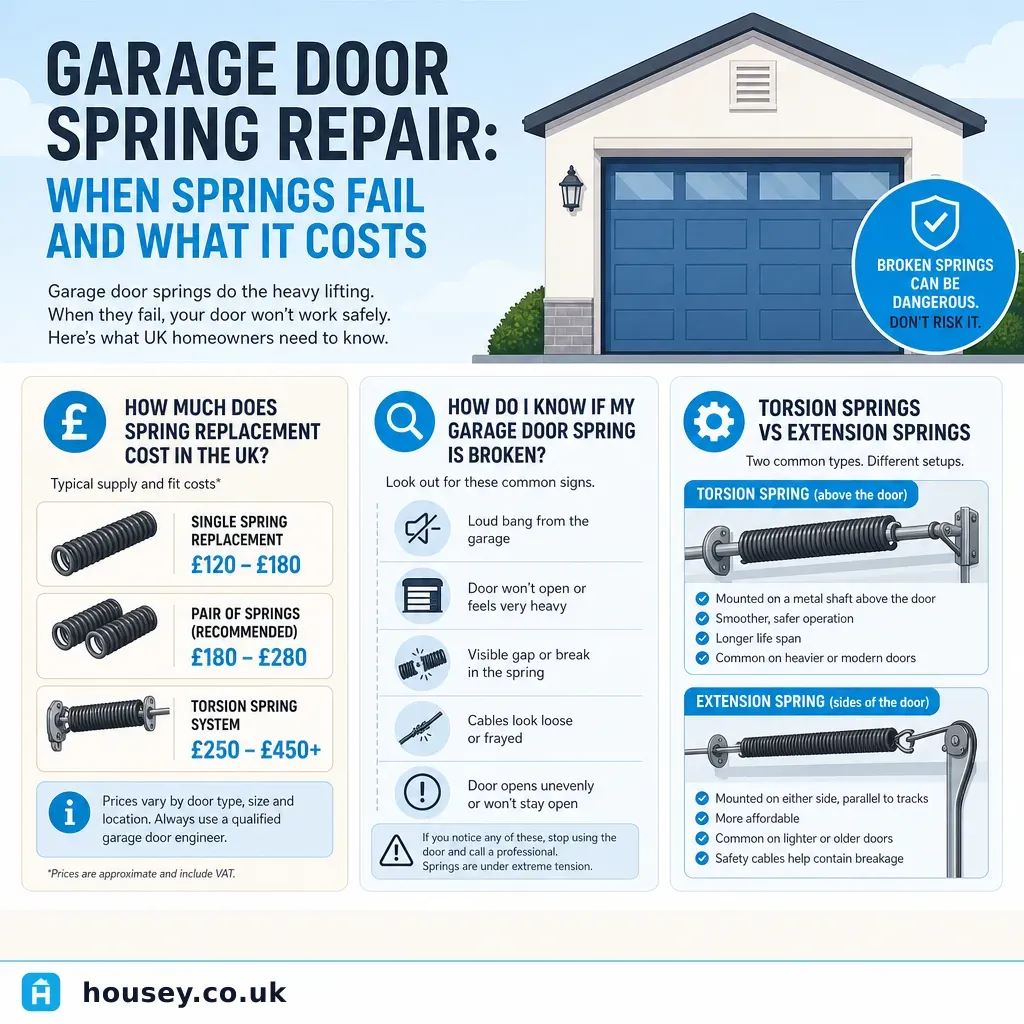 Infographic illustrating: Garage Door Spring Repair: When Springs Fail and What It Costs