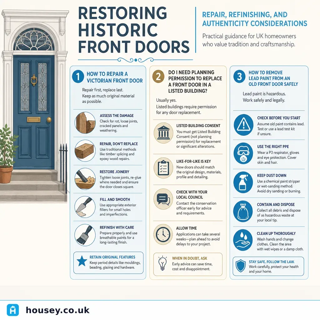 Infographic illustrating: Restoring Historic Front Doors: Repair, Refinishing, and Authenticity Considerations