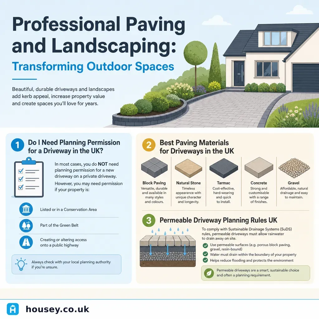 Infographic illustrating: Professional Paving and Landscaping: Transforming Outdoor Spaces