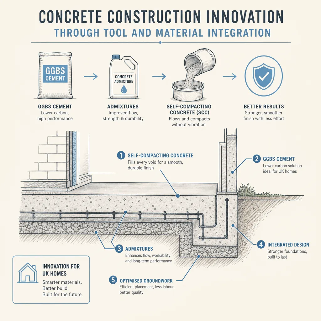 Diagram illustrating: Concrete Construction Innovation Through Tool and Material Integration